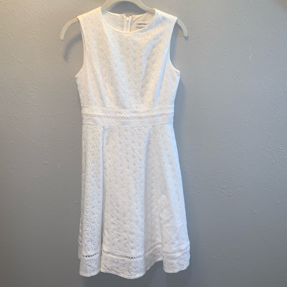 Calvin Klein White Cotton Sleeveless Dress Fit Flare Eyelet Midi Size 2